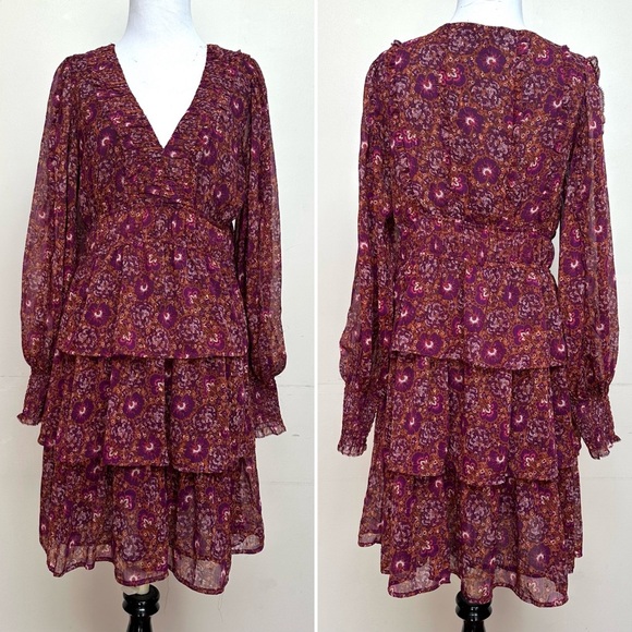 House of Harlow 1960 Mini Floral Boho Metallic Tiered Dress Berry Size 6 - Picture 1 of 11